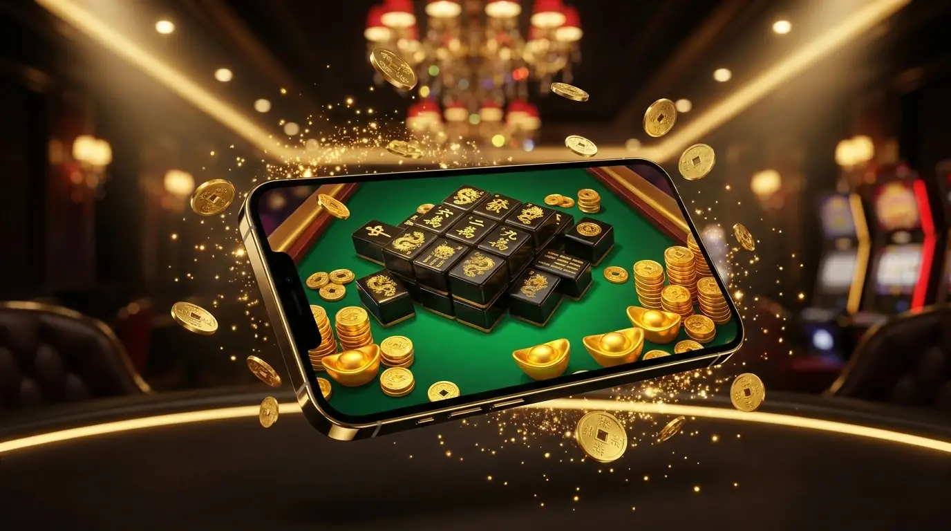 Điện thoại với slot mạc chược trên màn hình giữa mưa xu vàng — Roll88 bản di động