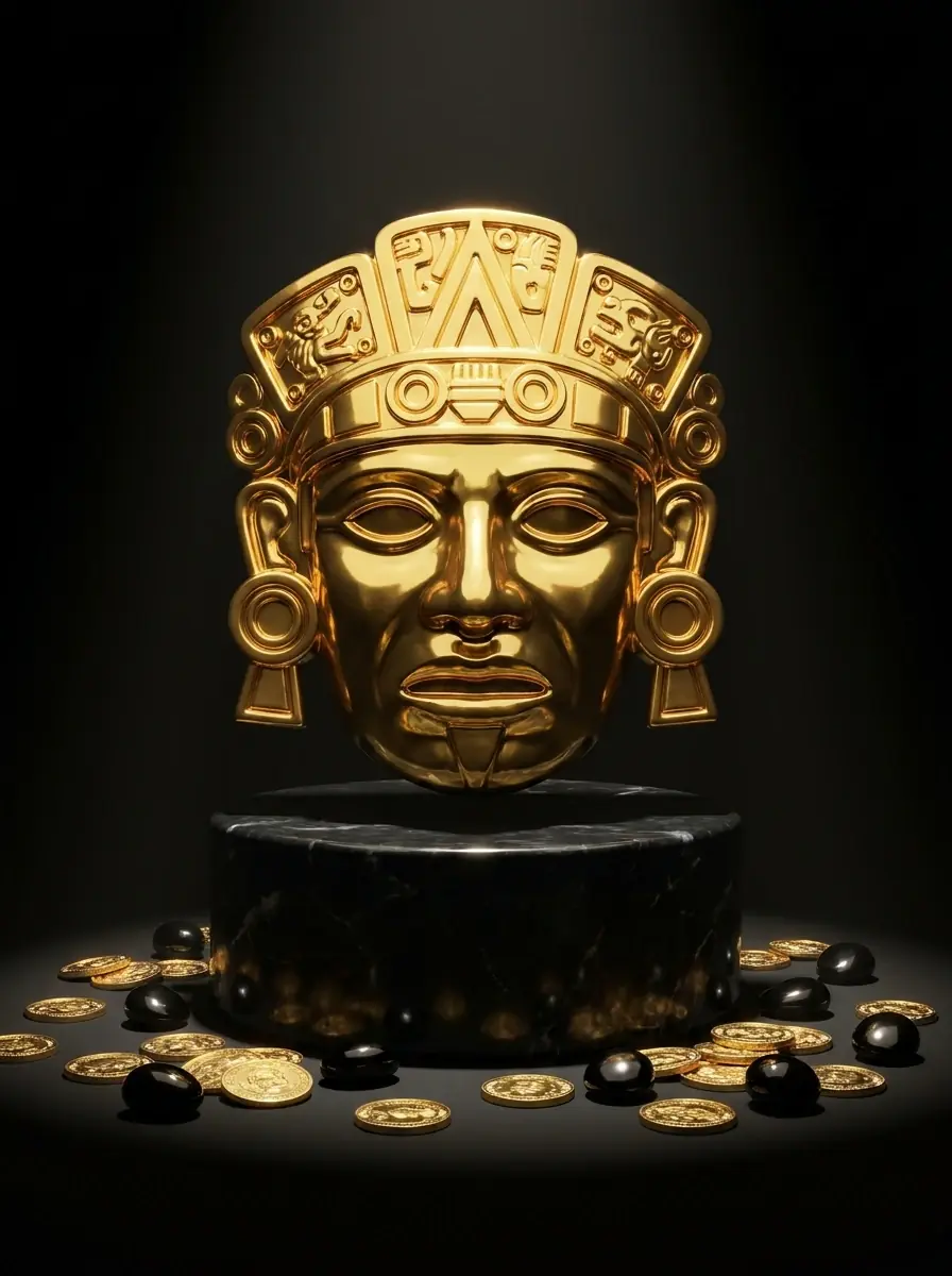 Mặt nạ vàng Aztec trên bệ cẩm thạch đen giữa tiền xu vàng