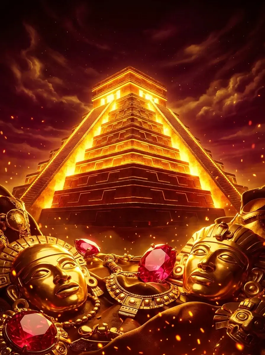 Đền vàng Aztec rực sáng giữa trời đêm — chủ đề Treasures of Aztec