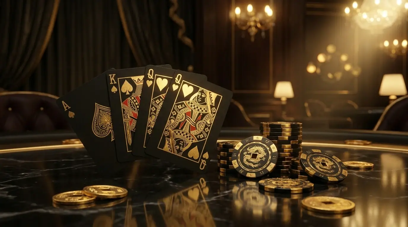 Bộ bài đen khảm vàng và chip casino trên bàn cẩm thạch Roll88