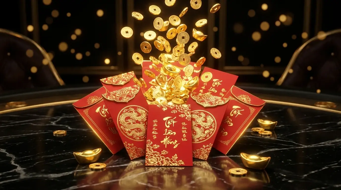 Bao lì xì đỏ và mưa xu vàng trên bàn cẩm thạch — ưu đãi chào mừng Roll88