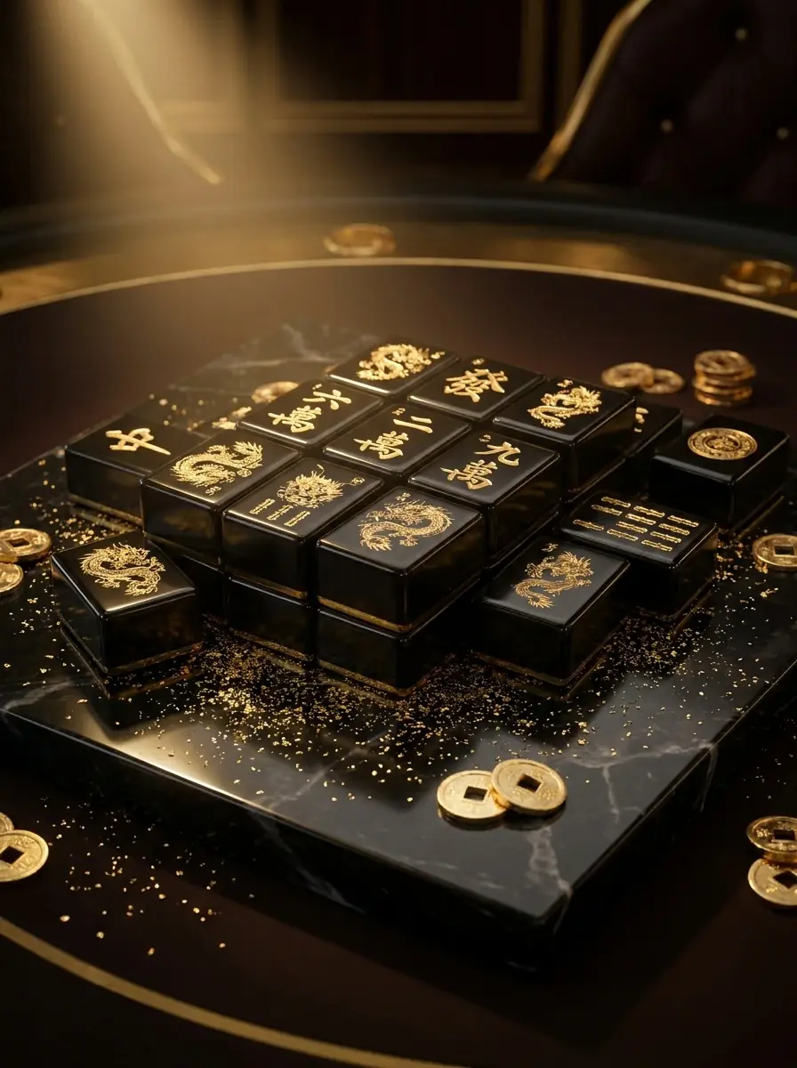 Quân mạc chược obsidian khảm vàng trên bàn cẩm thạch — chủ đề Mahjong Ways