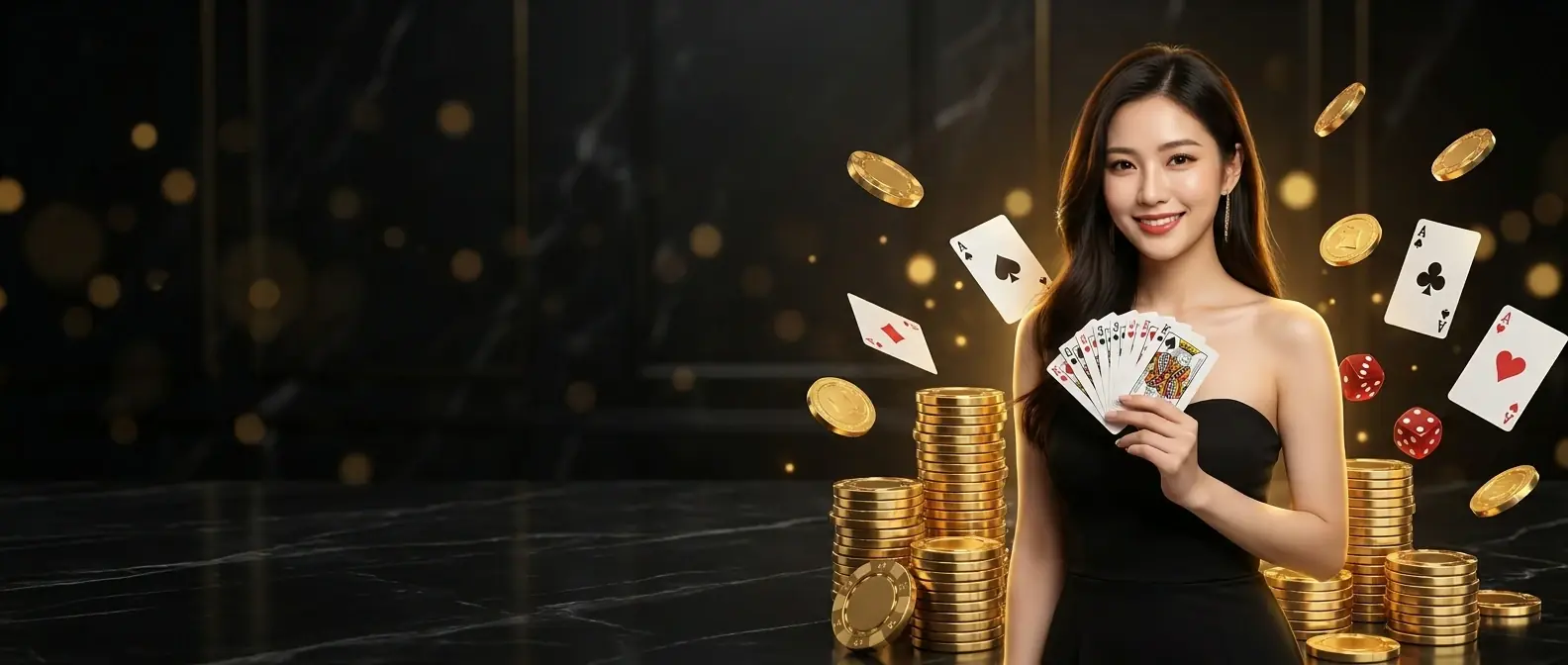 Người đẹp Roll88 trong đầm đen với bộ bài trên tay giữa chip vàng