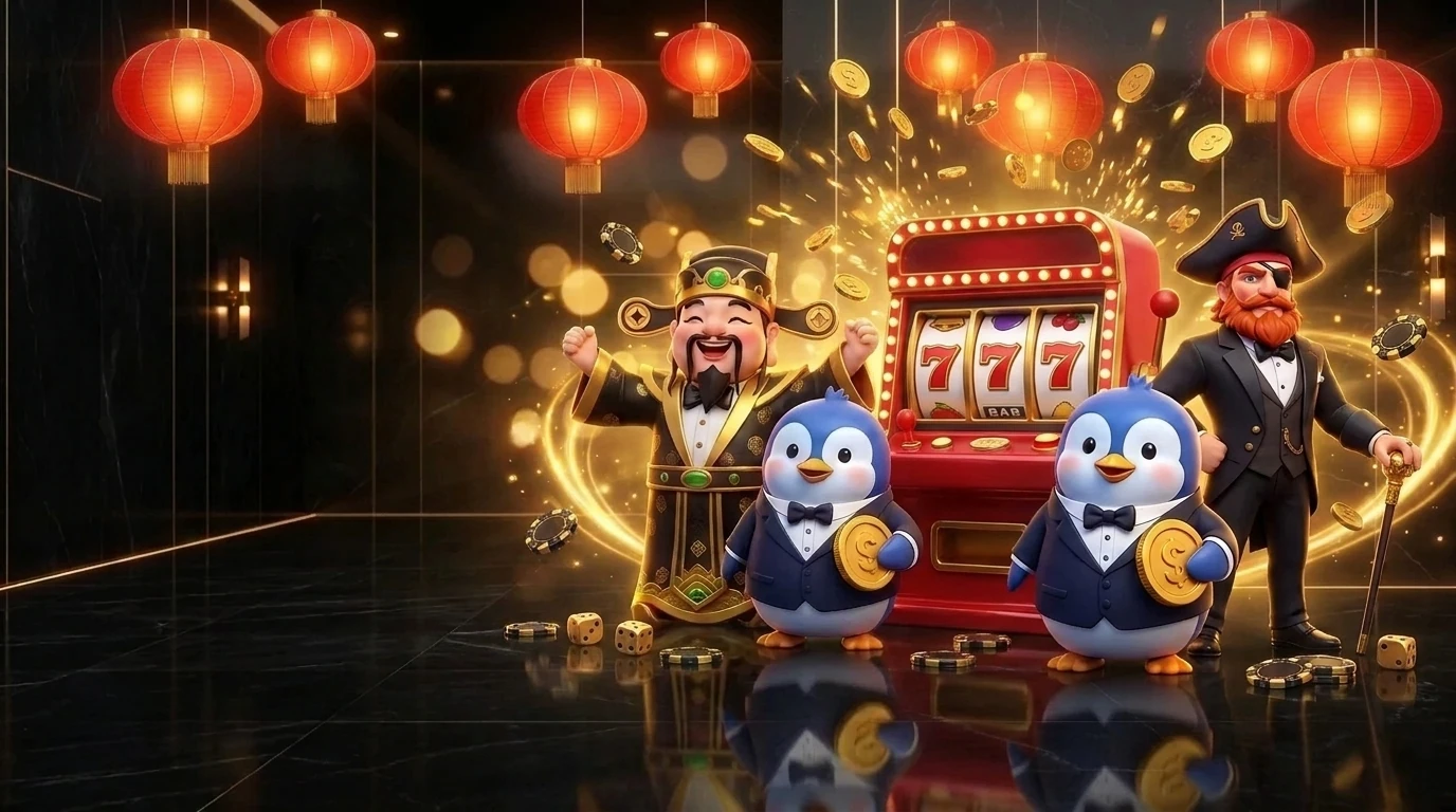 Các nhân vật Roll88 ăn mừng jackpot bên máy slot 777