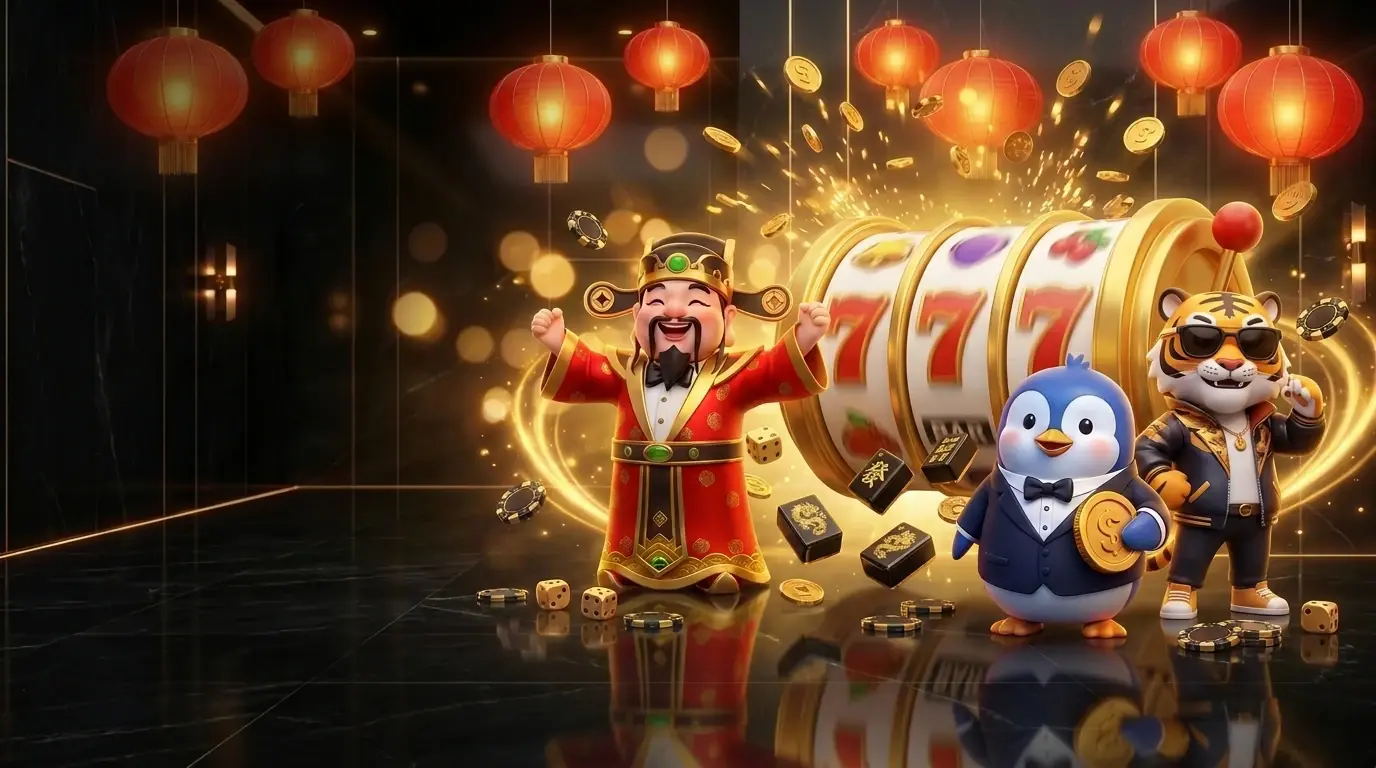 Thần Tài, chim cánh cụt và hổ đeo kính bên guồng slot 777 vàng