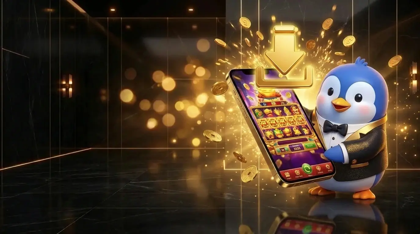 Chim cánh cụt Roll88 cầm điện thoại với game slot và biểu tượng tải về
