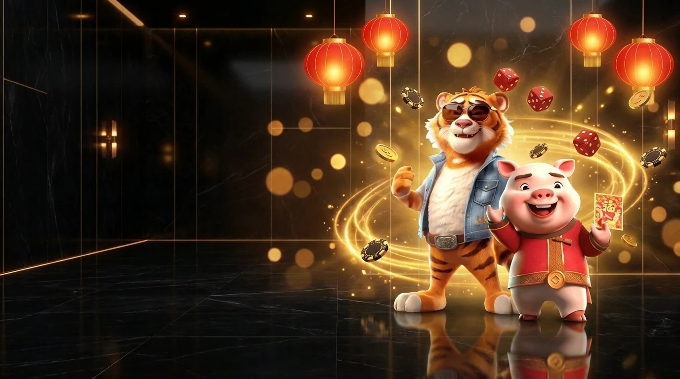 Hổ đeo kính và heo hồng may mắn giữa xu vàng