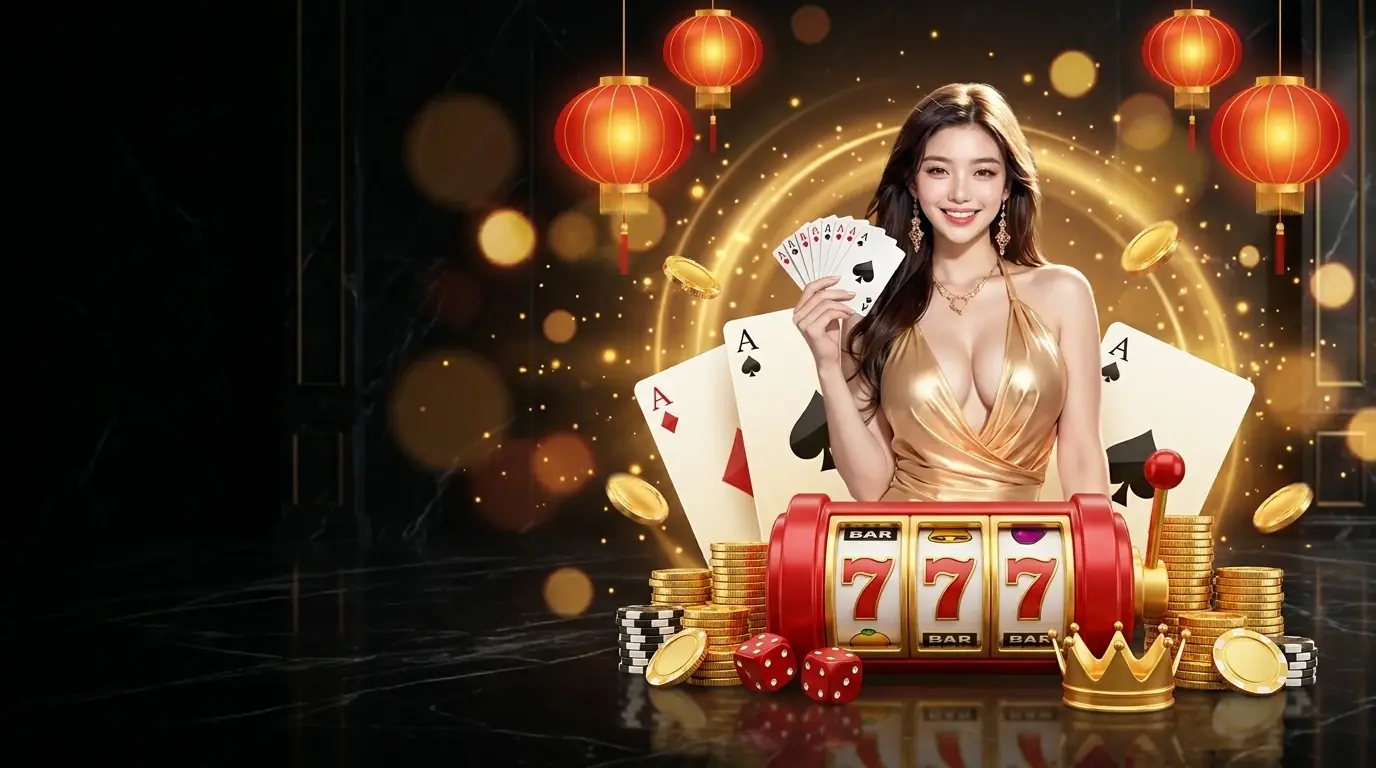 Người đẹp Roll88 trong đầm vàng bên slot 777 và xu vàng